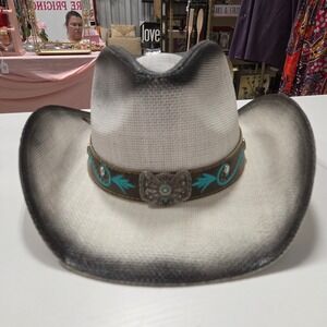 LLK Womens White Charcoal Ombre Grass Straw Cowboy Hat Turquoise Butterfly Band